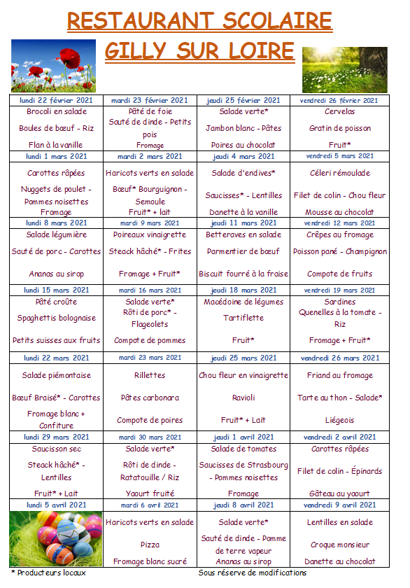 Menu Cantine Avril 2024